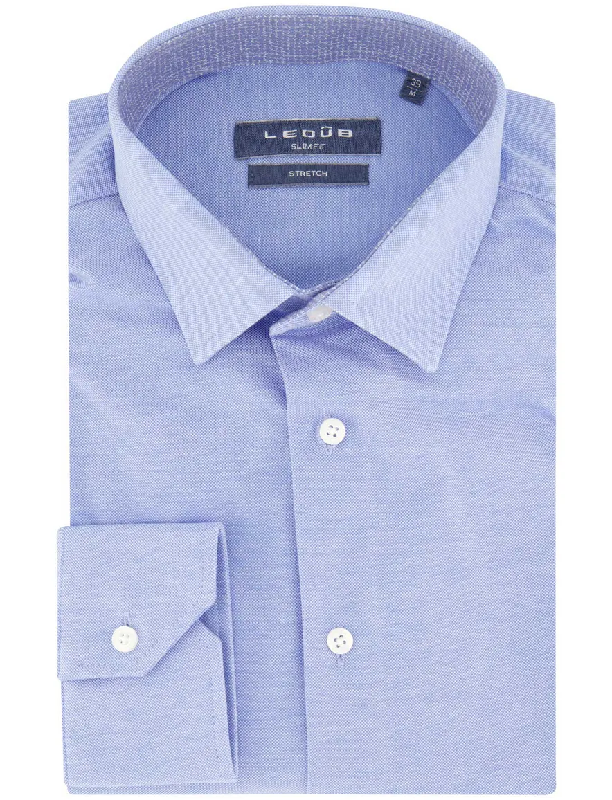 Slim fit Ledub overhemd effen blauw stretch