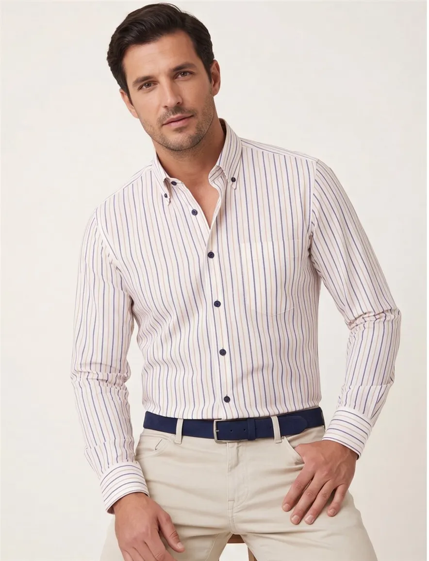 Button-down Ledub overhemd wit gestreept