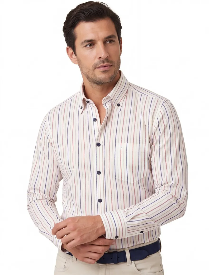 Button-down Ledub overhemd wit gestreept