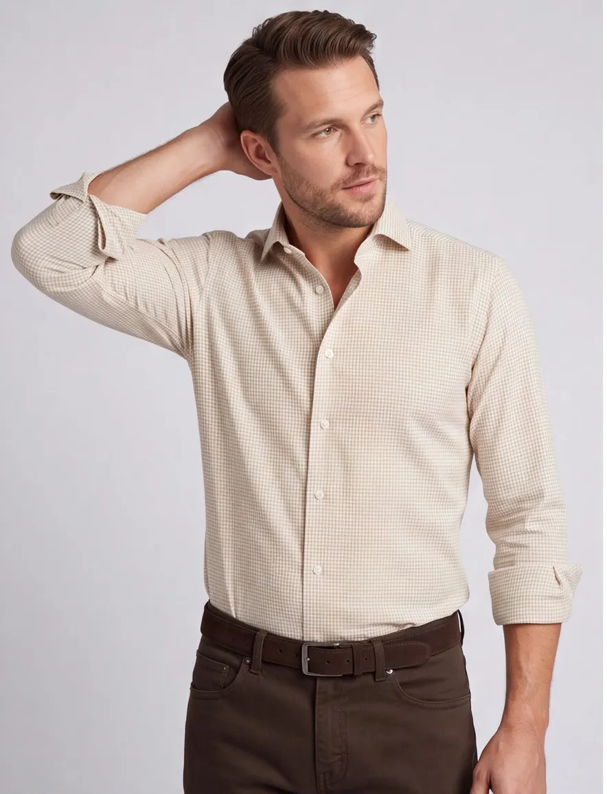 Beige geruit John Miller slim fit overhemd cutaway