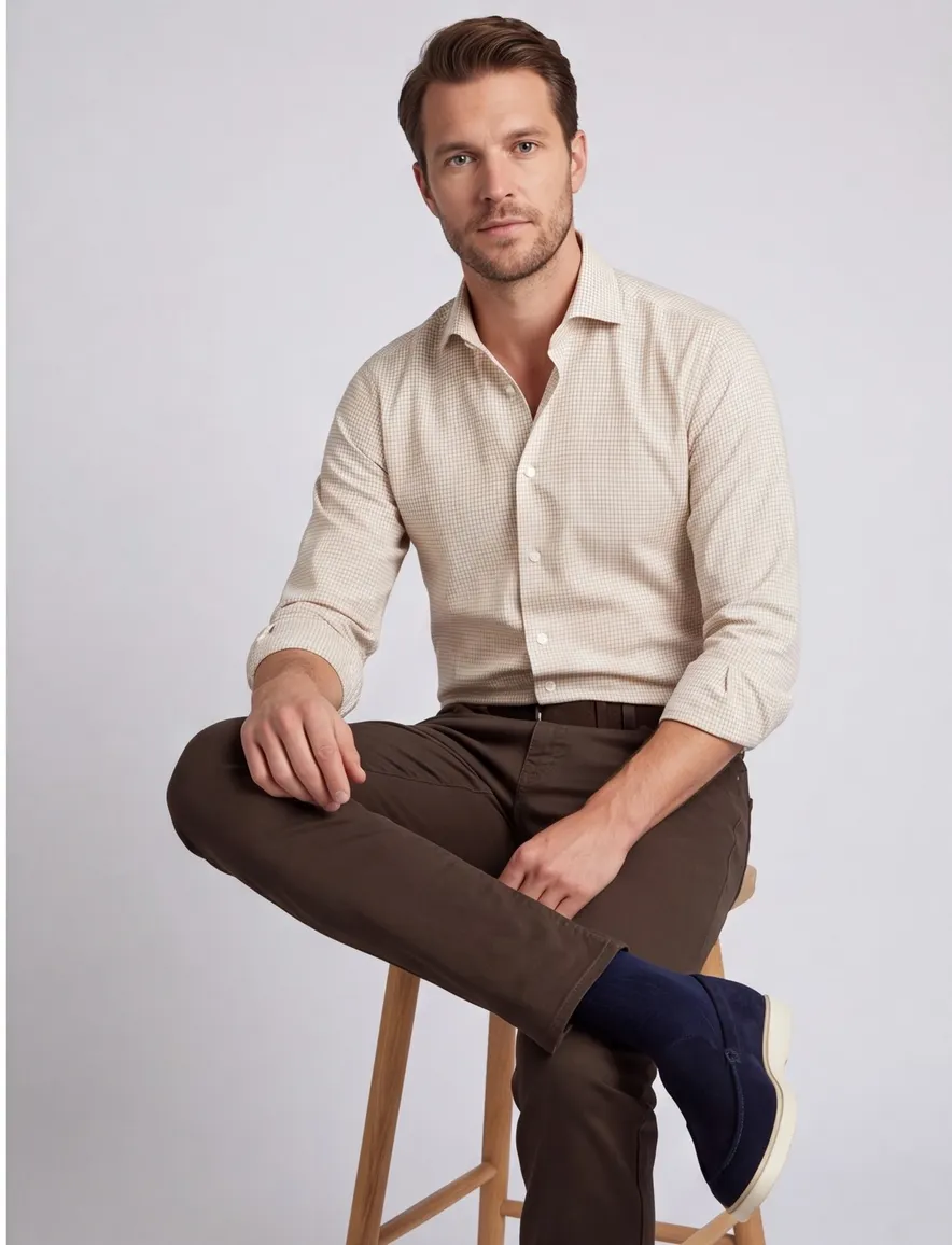 Beige geruit John Miller slim fit overhemd cutaway