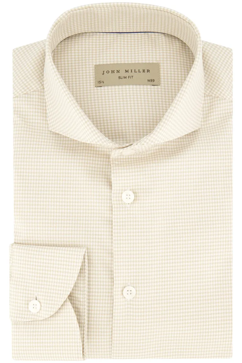 Beige geruit John Miller slim fit overhemd cutaway