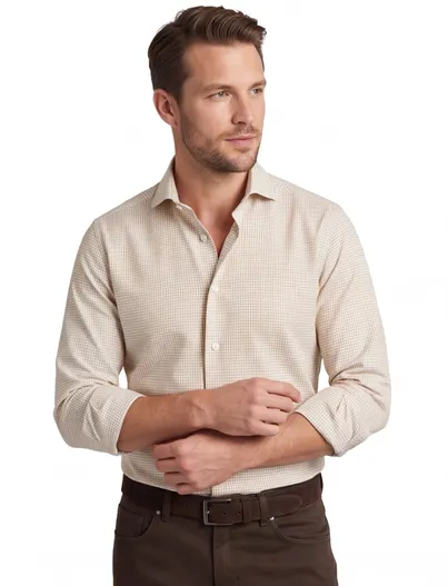 John Miller Beige geruit John Miller slim fit overhemd cutaway