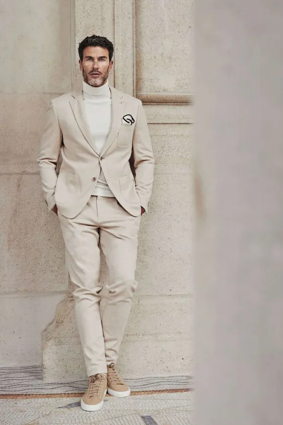 Blue industry colbert beige effen ribstof