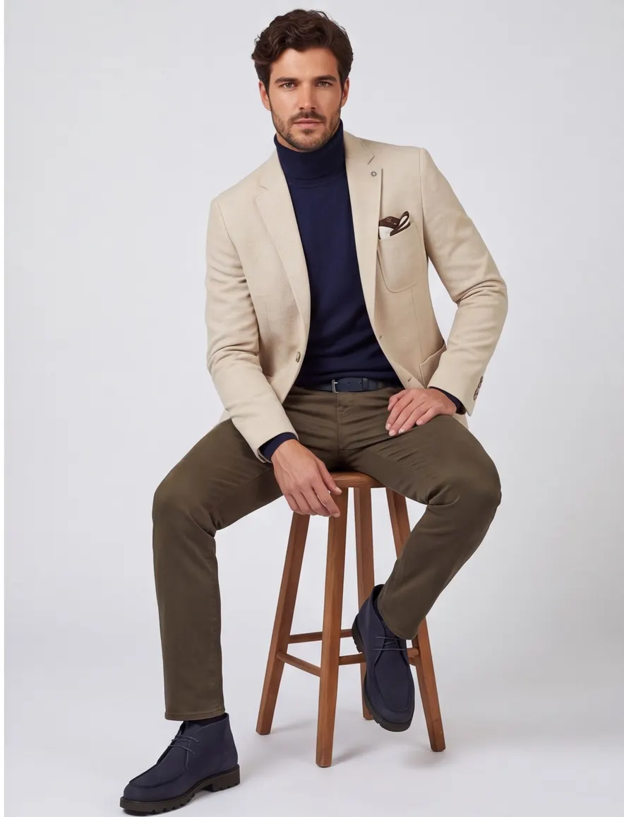 Blue industry colbert beige effen ribstof
