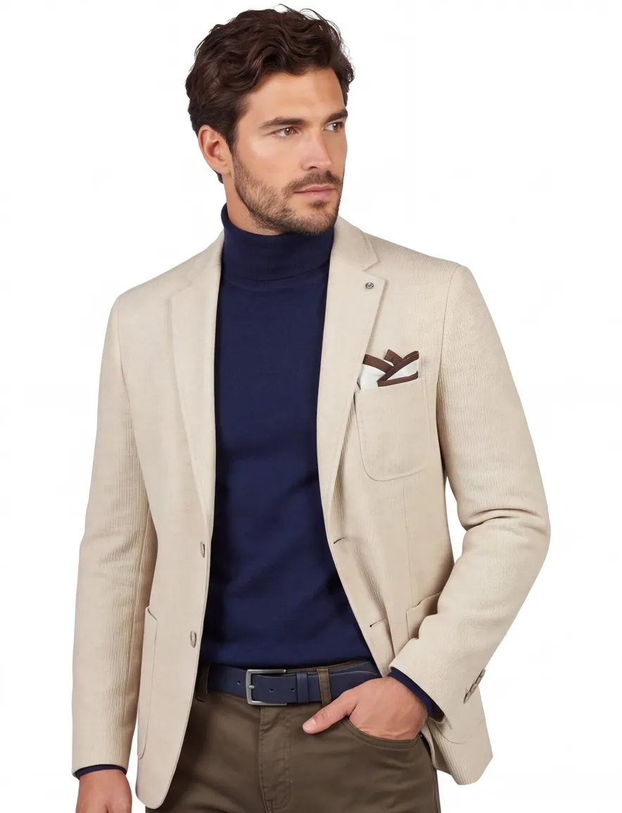 Blue industry colbert beige effen ribstof