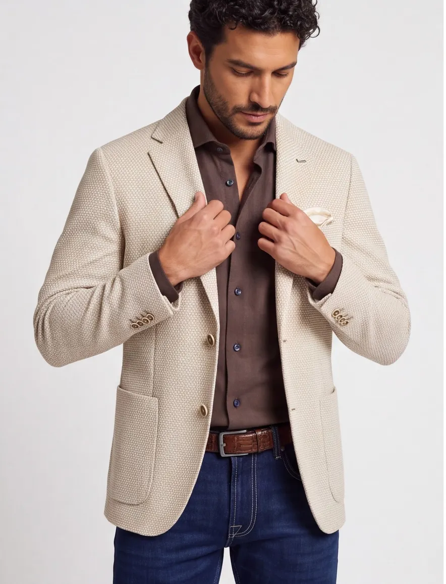 Blue industry colbert beige geprint slim fit