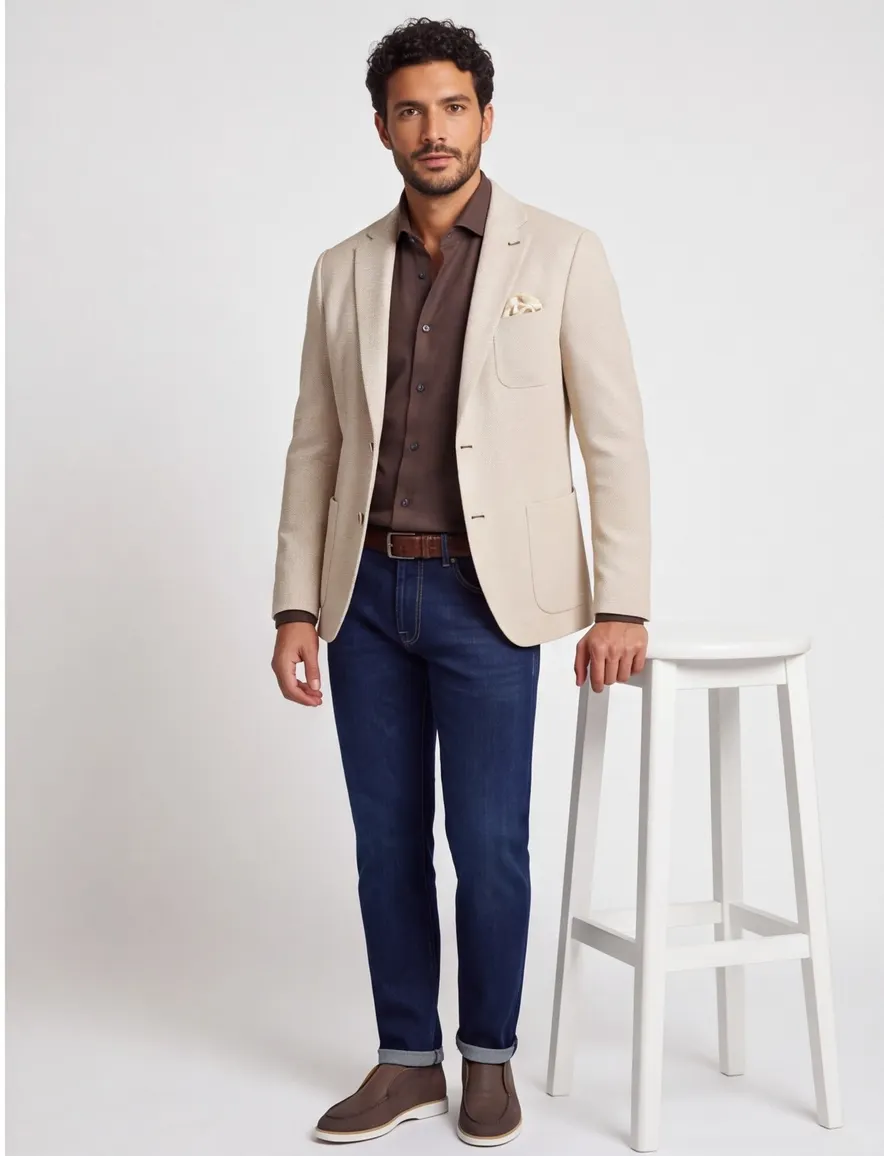 Blue industry colbert beige geprint slim fit