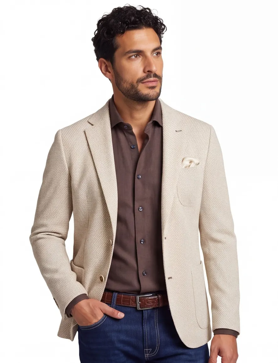 Blue industry colbert beige geprint slim fit