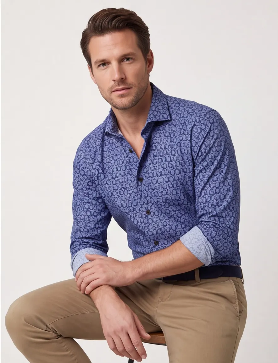 Blue industry casual overhemd blauw print