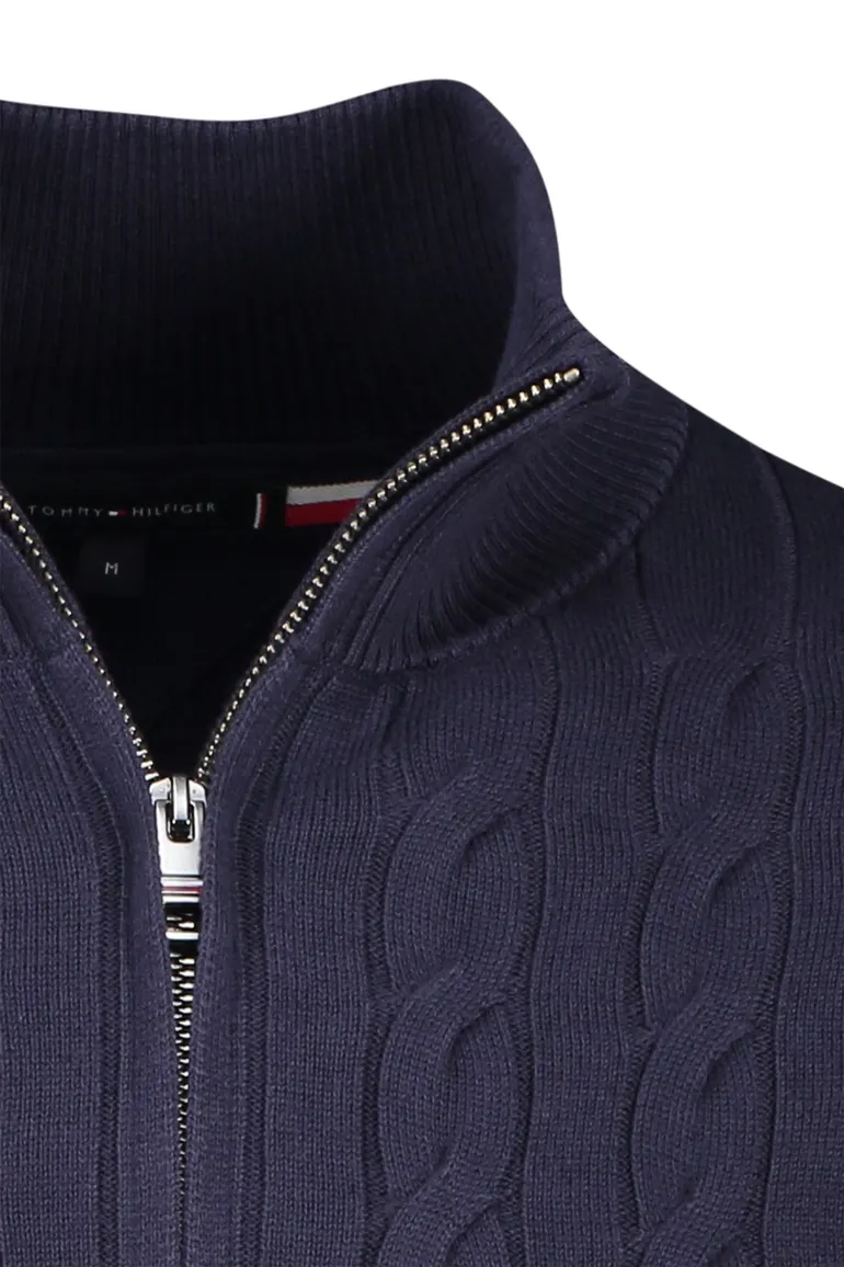 Tommy Hilfiger trui half zip donkerblauw effen katoen grof gebreid