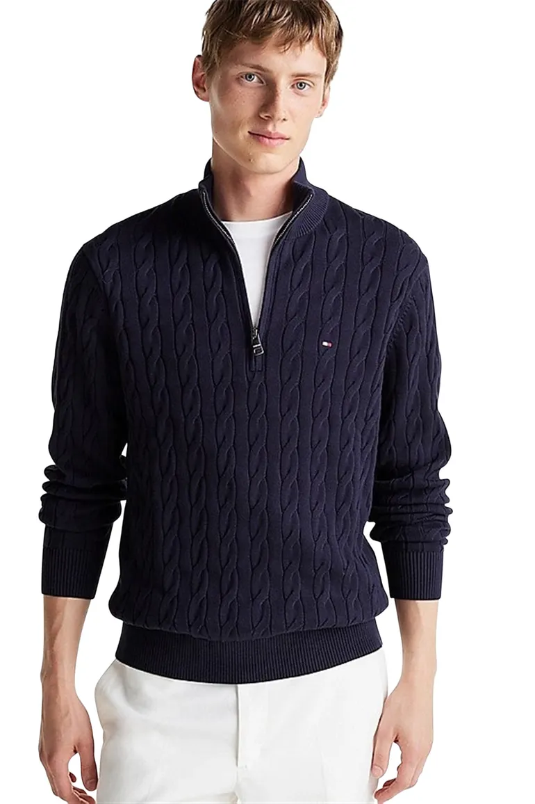trui Tommy Hilfiger donkerblauw effen katoen half zip