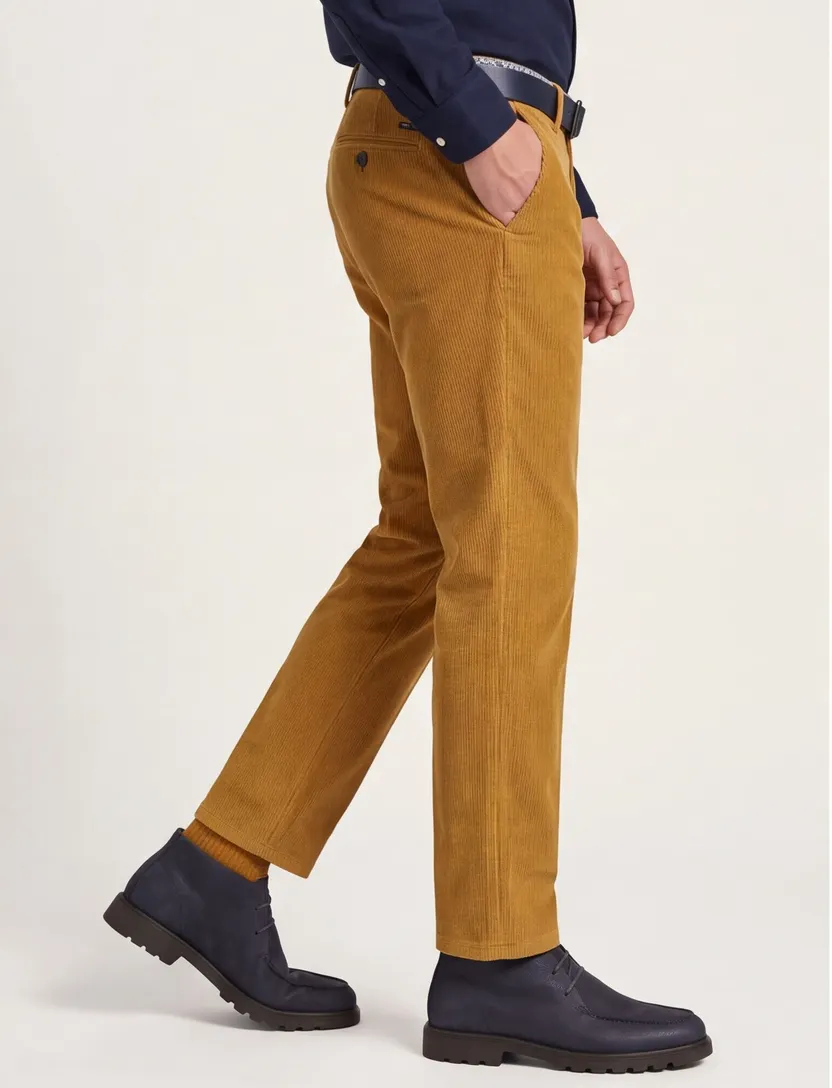 pantalon Eurex corduroy okergeel ribstof katoen