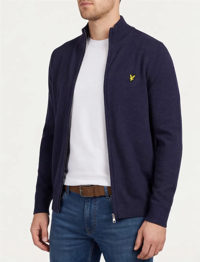 Lyle & Scott vest donkerblauw lamswol slim fit gebreid