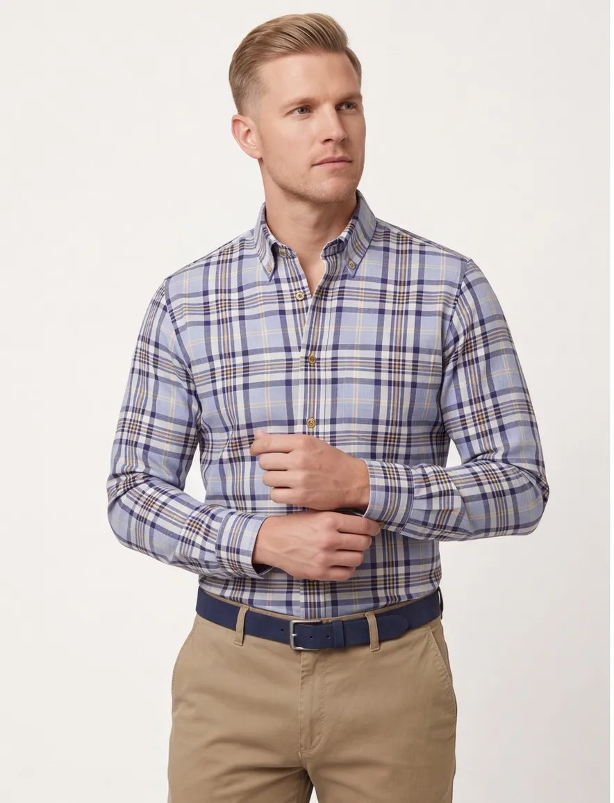 Viyella button-down geruit overhemd blauw katoen
