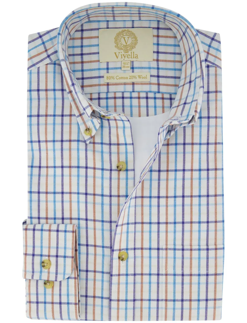 Geruit blauw oranje katoen casual Viyella overhemd
