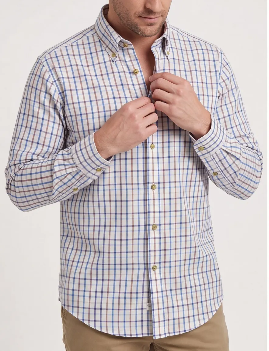 Viyella button-down geruit overhemd blauw oranje katoen