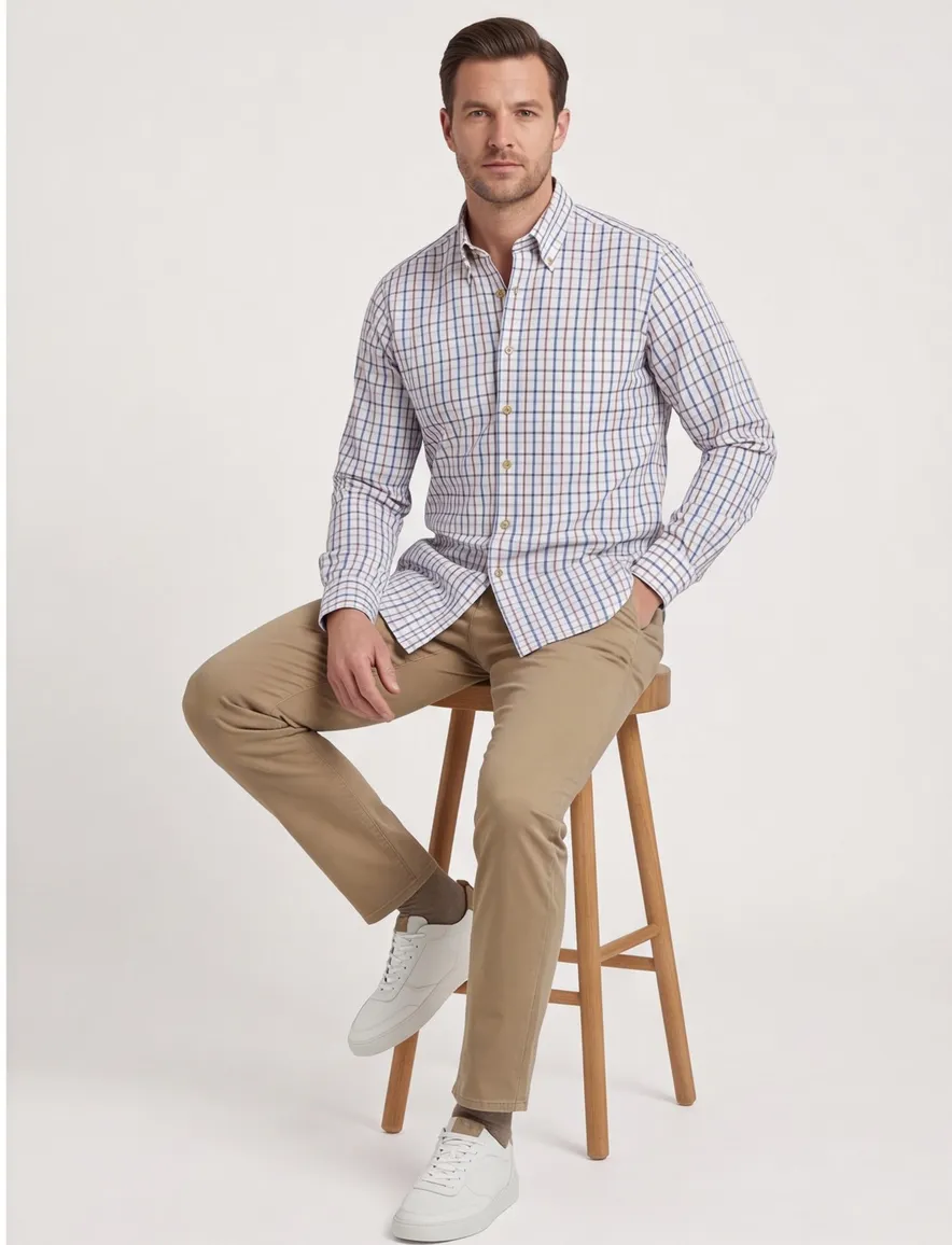 Viyella button-down geruit overhemd blauw oranje katoen