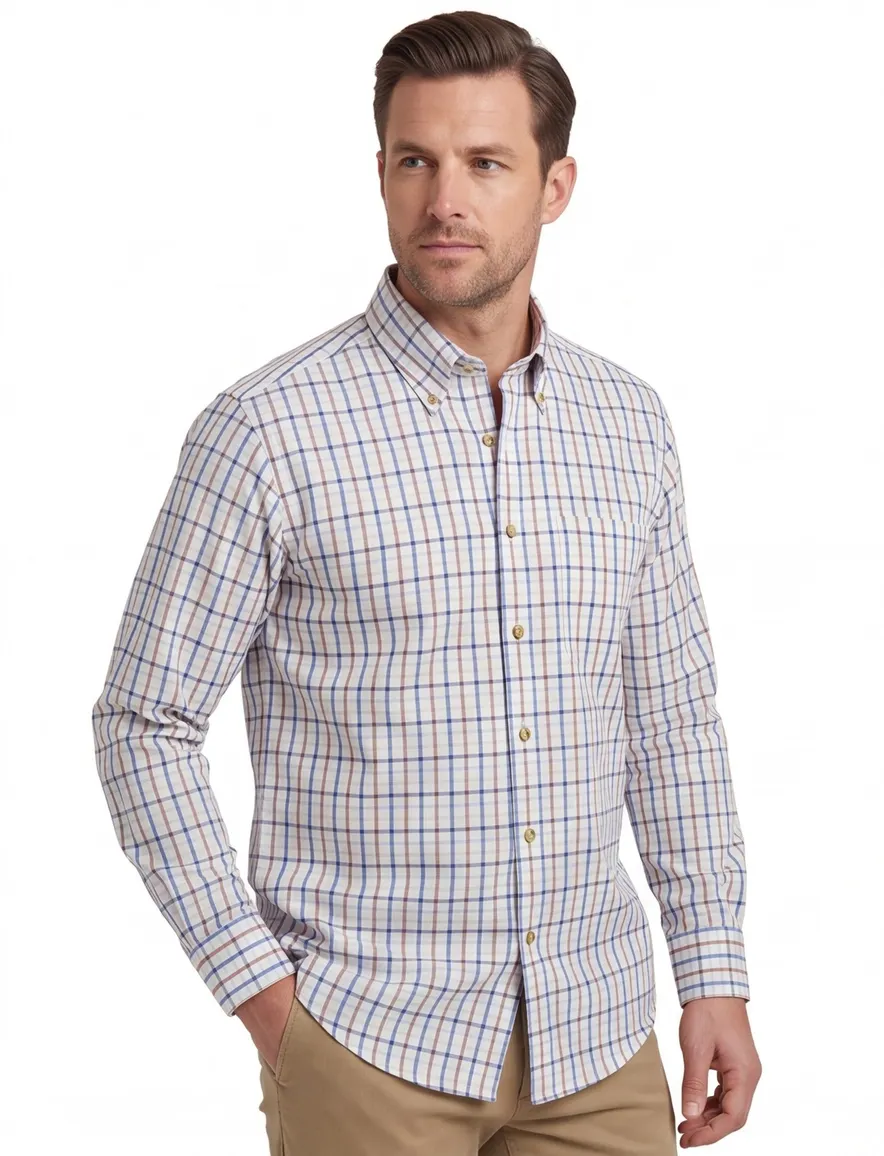Viyella button-down geruit overhemd blauw oranje katoen