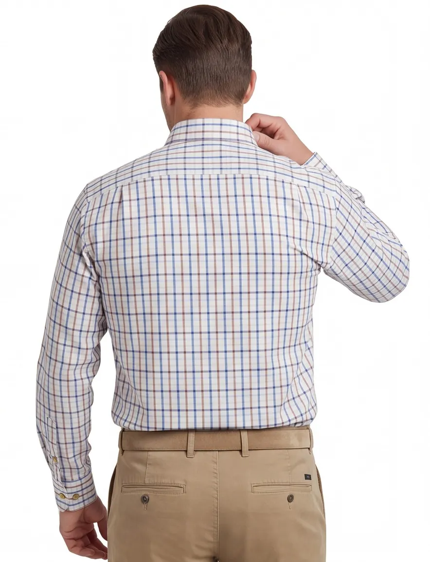 Viyella button-down geruit overhemd blauw oranje katoen