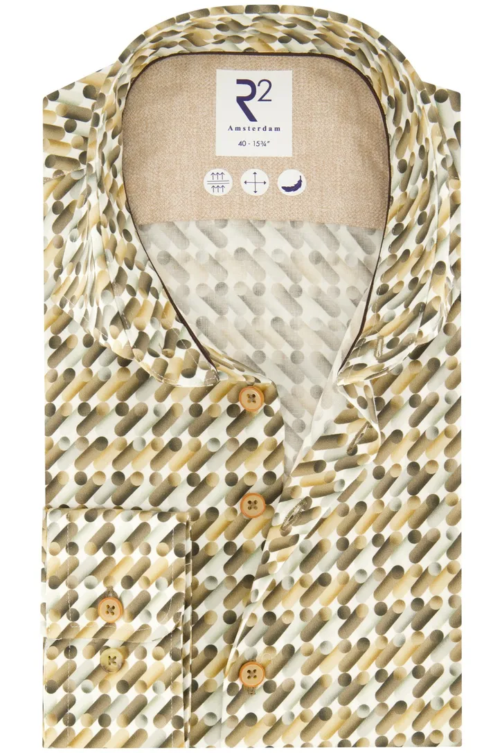 R2 casual overhemd geel geprint katoen slim fit cutaway boord