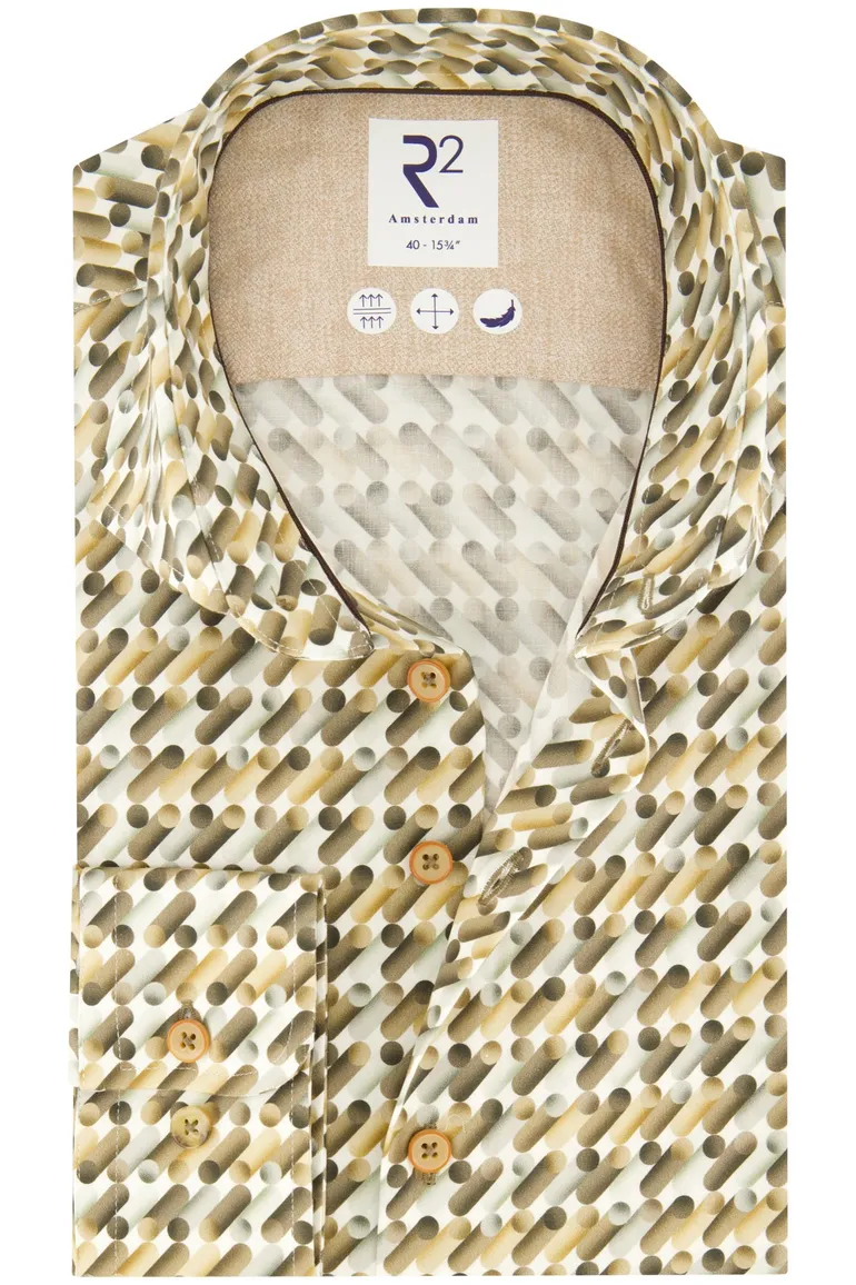 R2 casual overhemd slim fit geel met print katoen