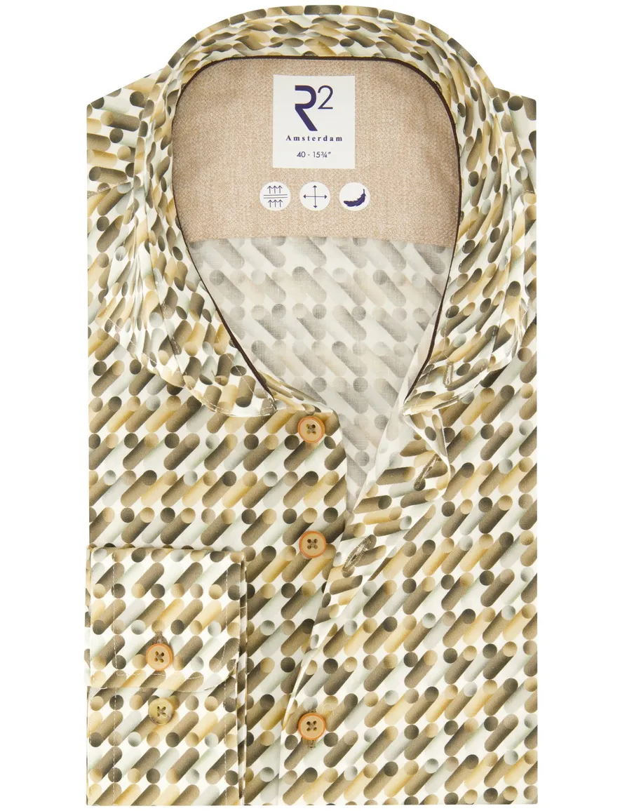 R2 casual overhemd slim fit geel met print katoen