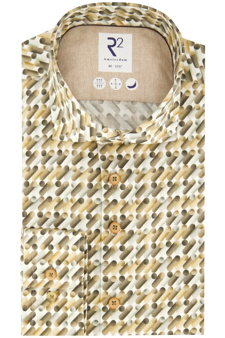 R2 casual overhemd geel geprint katoen slim fit cutaway boord