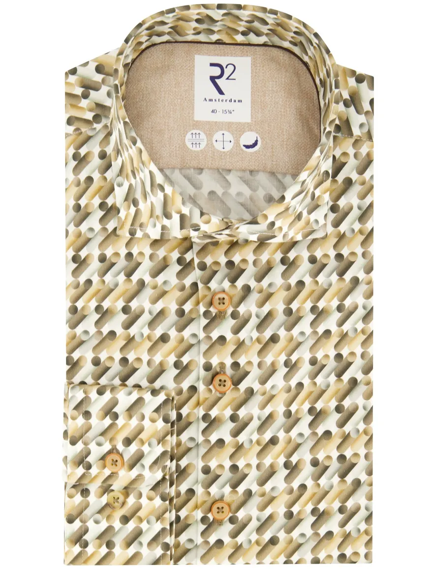R2 casual overhemd slim fit geel met print katoen