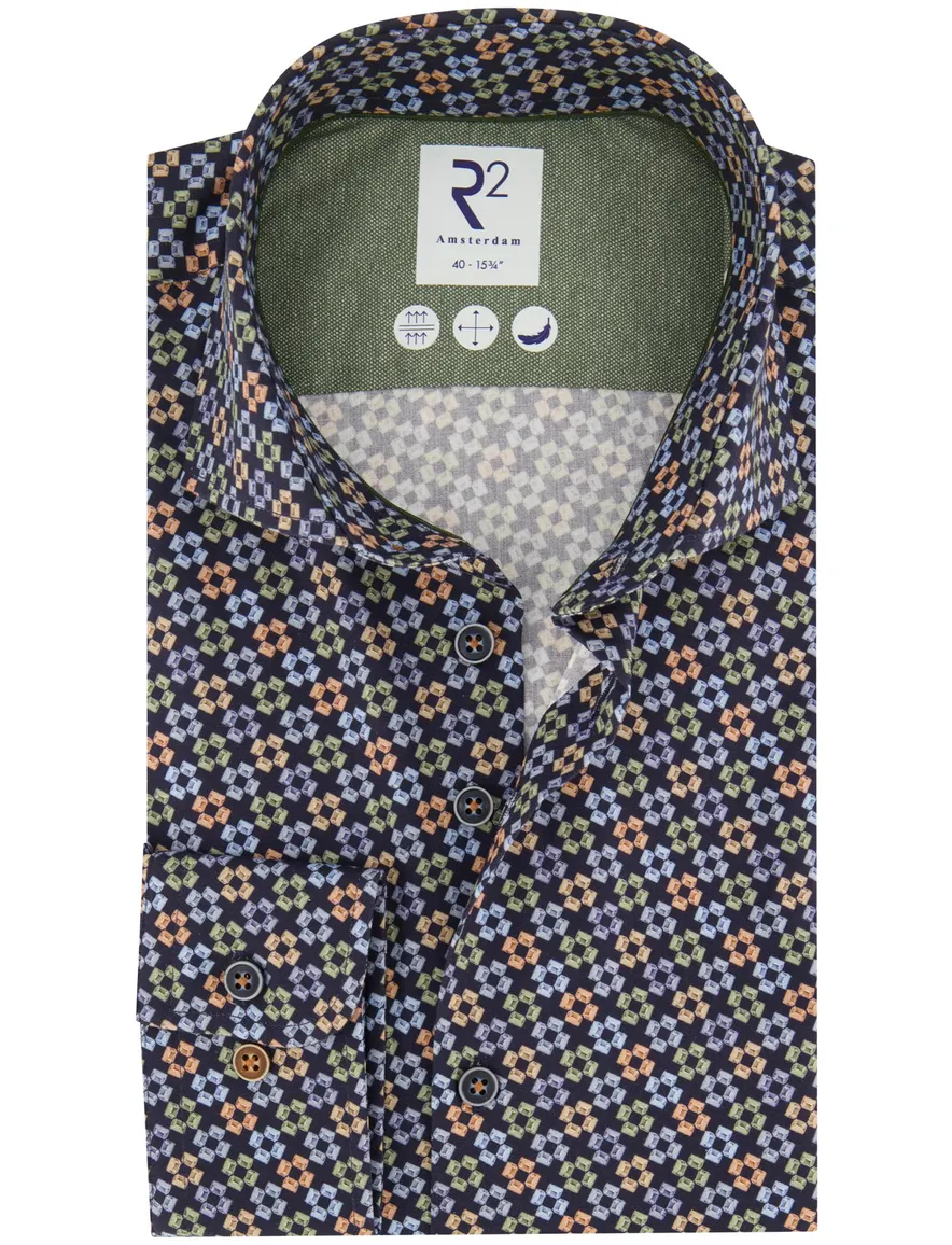 business overhemd R2 donkerblauw geprint katoen slim fit