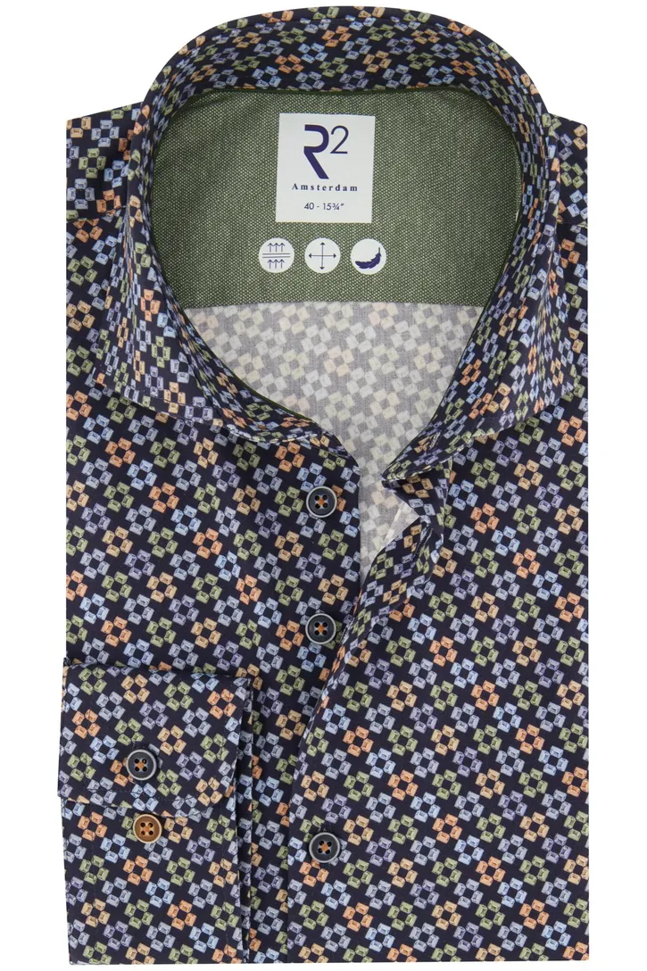 R2 overhemd navy geprint katoen slim fit 100% katoen
