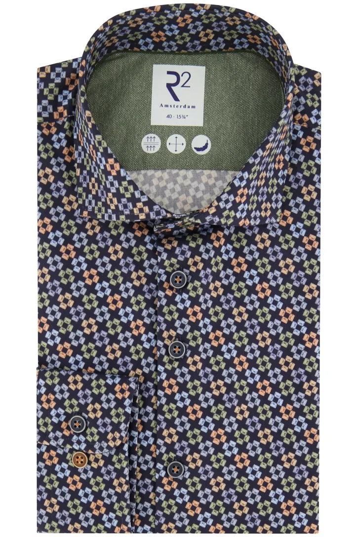 R2 overhemd navy geprint katoen slim fit 100% katoen