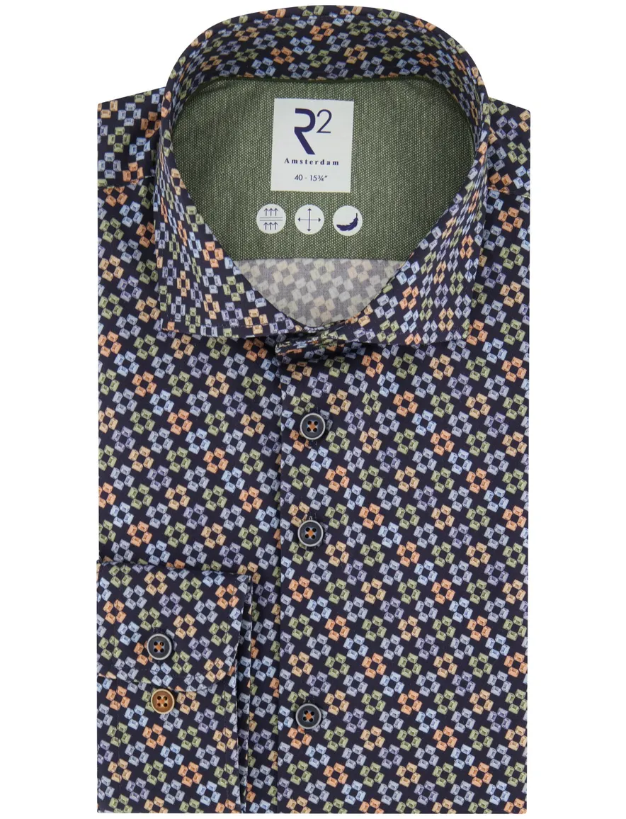 R2 overhemd slim fit donkerblauw geprint wide spread boord
