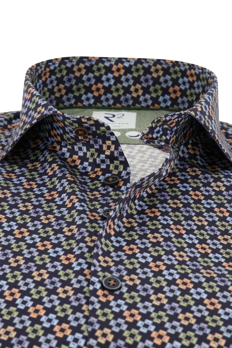 business overhemd R2 donkerblauw geprint katoen slim fit