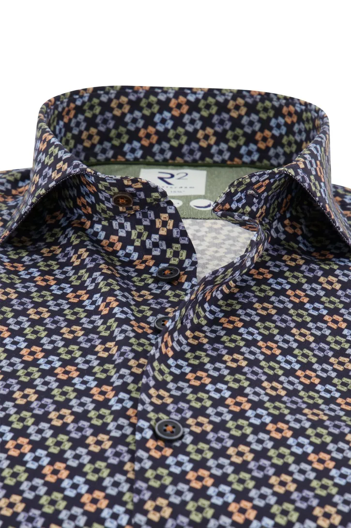 R2 overhemd navy geprint katoen slim fit 100% katoen