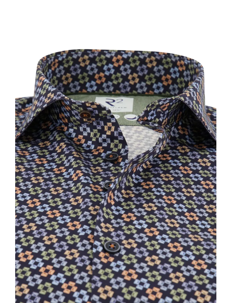 R2 overhemd slim fit donkerblauw geprint wide spread boord