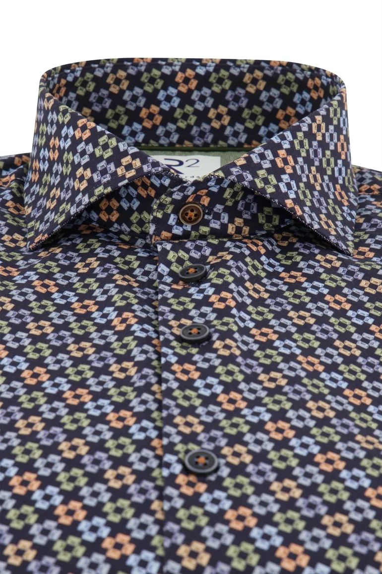business overhemd R2 donkerblauw geprint katoen slim fit