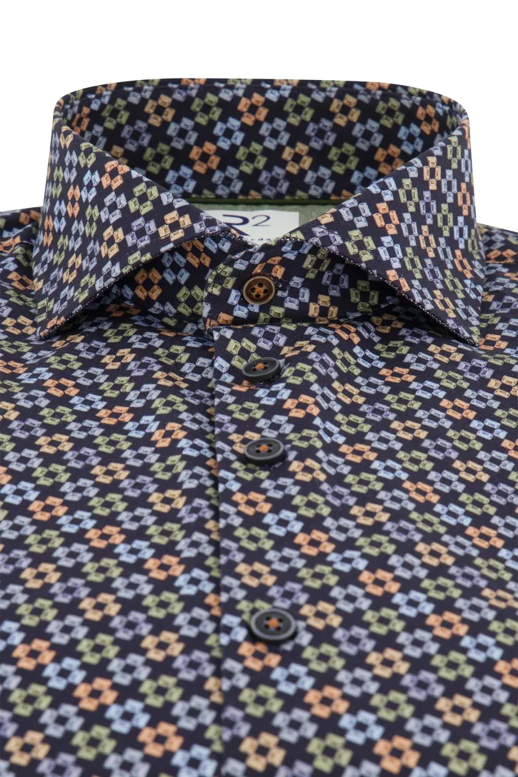 R2 overhemd navy geprint katoen slim fit 100% katoen