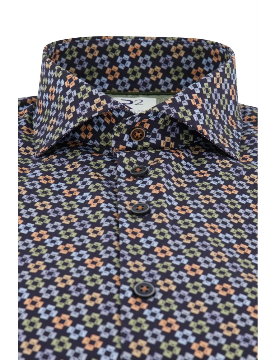 R2 overhemd slim fit donkerblauw geprint wide spread boord
