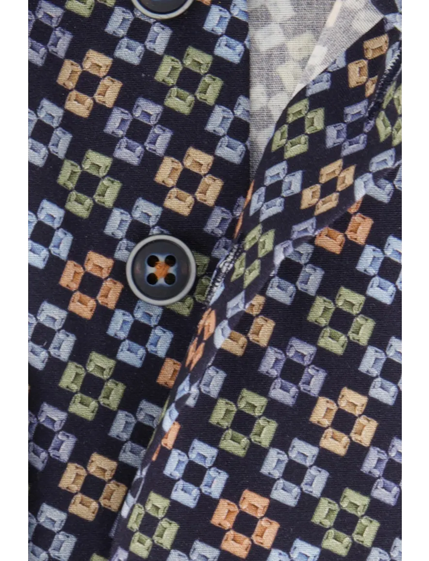 R2 overhemd slim fit donkerblauw geprint wide spread boord
