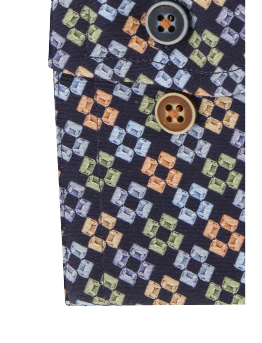 R2 overhemd slim fit donkerblauw geprint wide spread boord