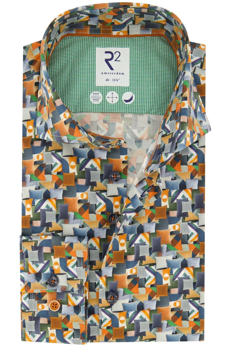 business overhemd R2 oranje geprint katoen slim fit