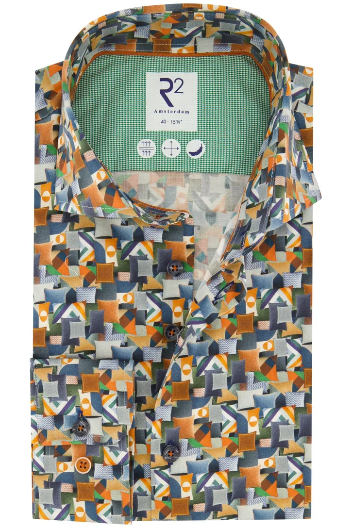R2 casual overhemd oranje geprint katoen slim fit wide spread boord