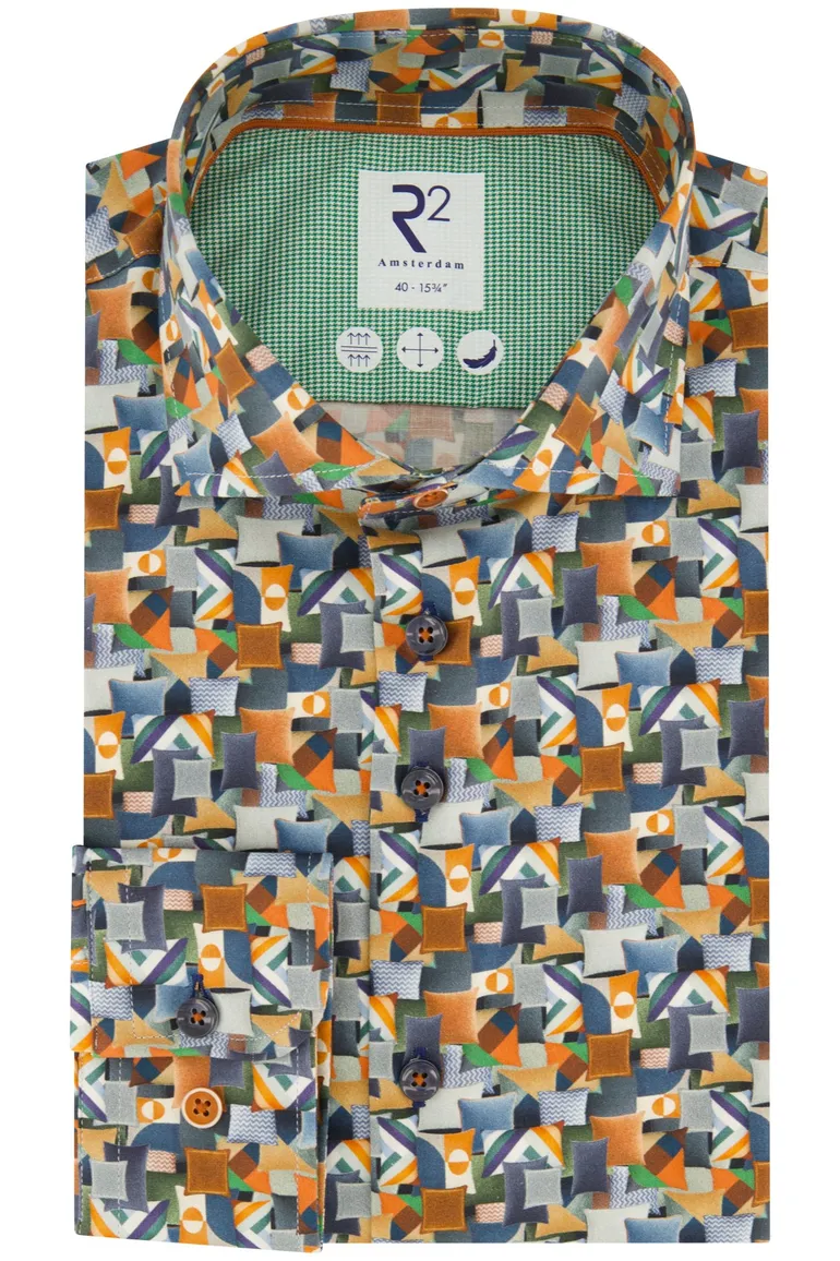 business overhemd R2 oranje geprint katoen slim fit