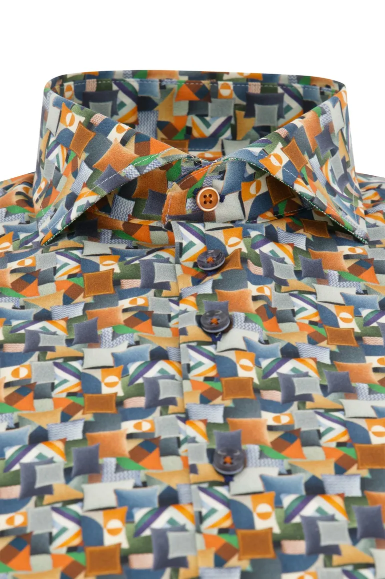 business overhemd R2 oranje geprint katoen slim fit