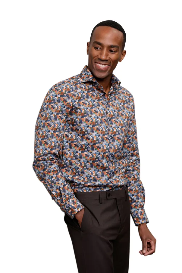 business overhemd R2 oranje geprint katoen slim fit