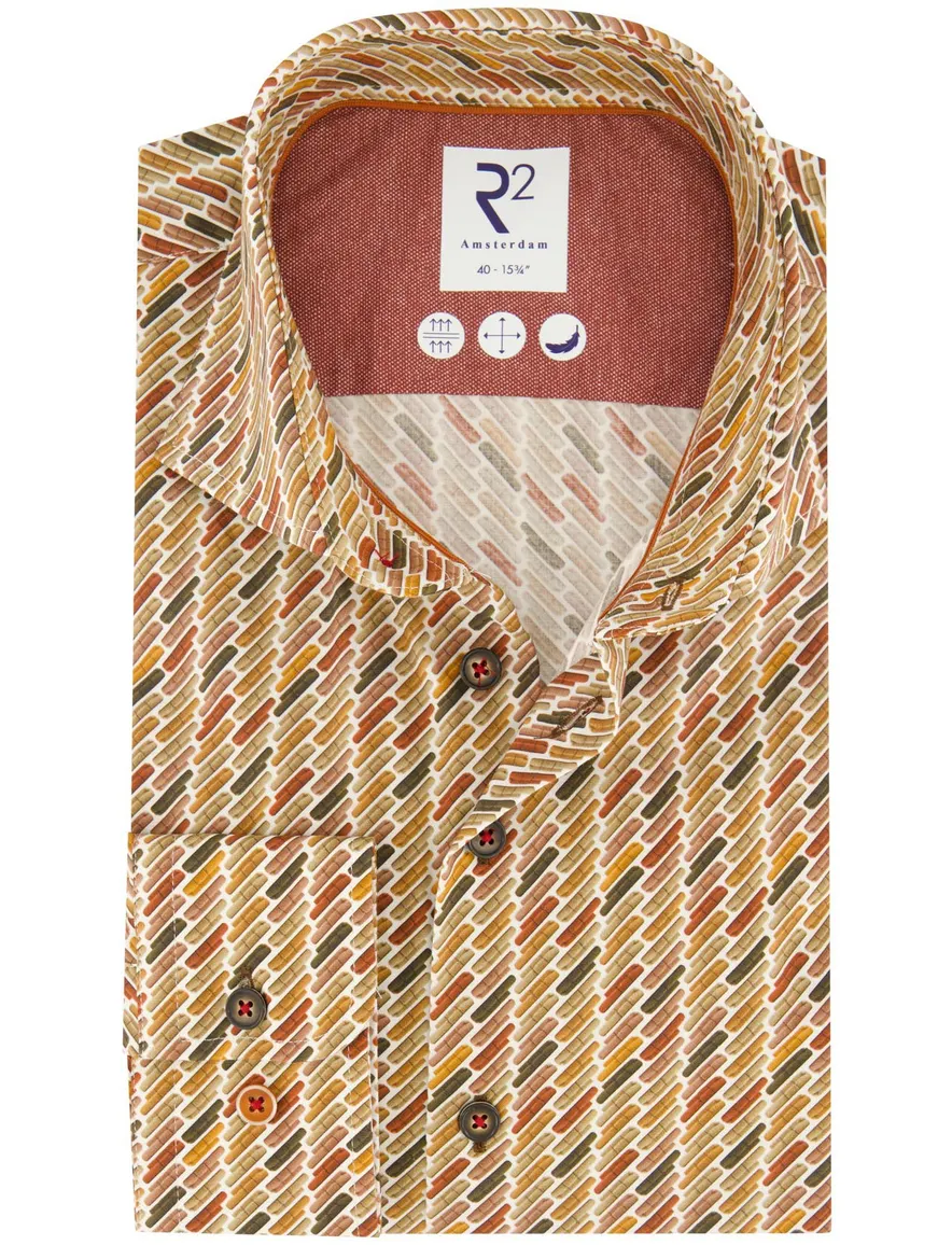 business overhemd R2 geel geprint katoen, stretch slim fit