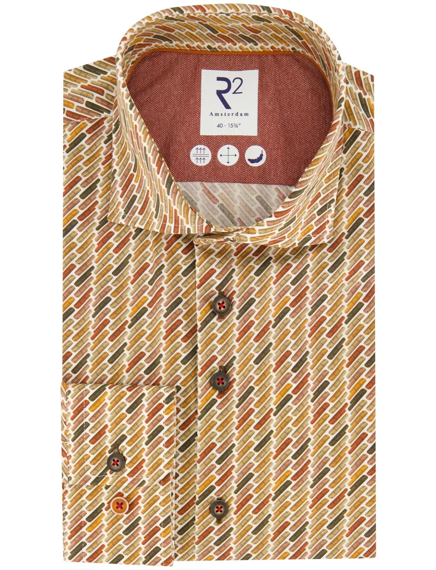 business overhemd R2 geel geprint katoen, stretch slim fit