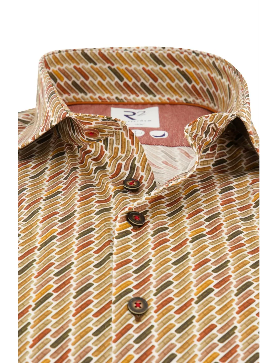 business overhemd R2 geel geprint katoen, stretch slim fit