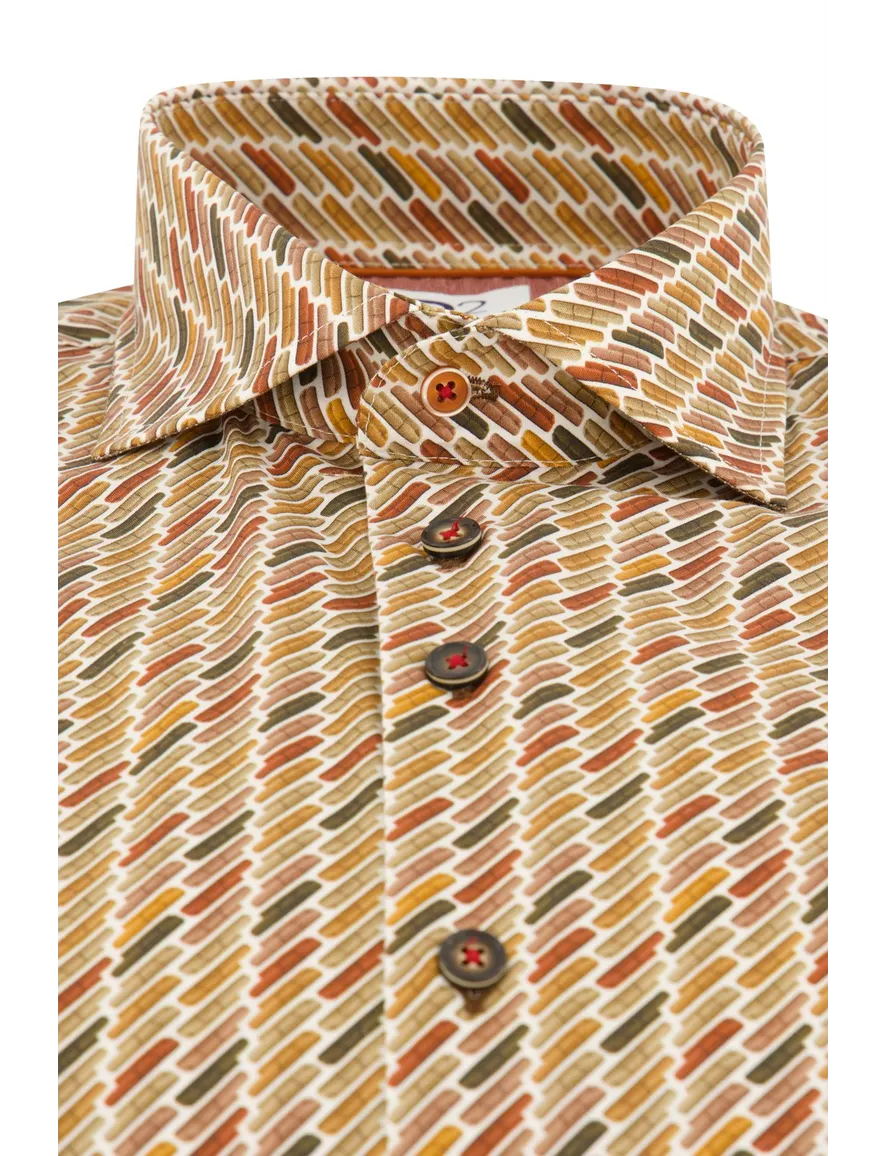 business overhemd R2 geel geprint katoen, stretch slim fit
